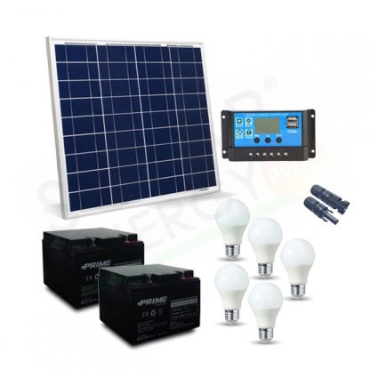 KIT SOLARE ILLUMINAZIONE 50W 12V PER INTERNI 5 LAMPADE LED - AUTONOMIA 5 ORE